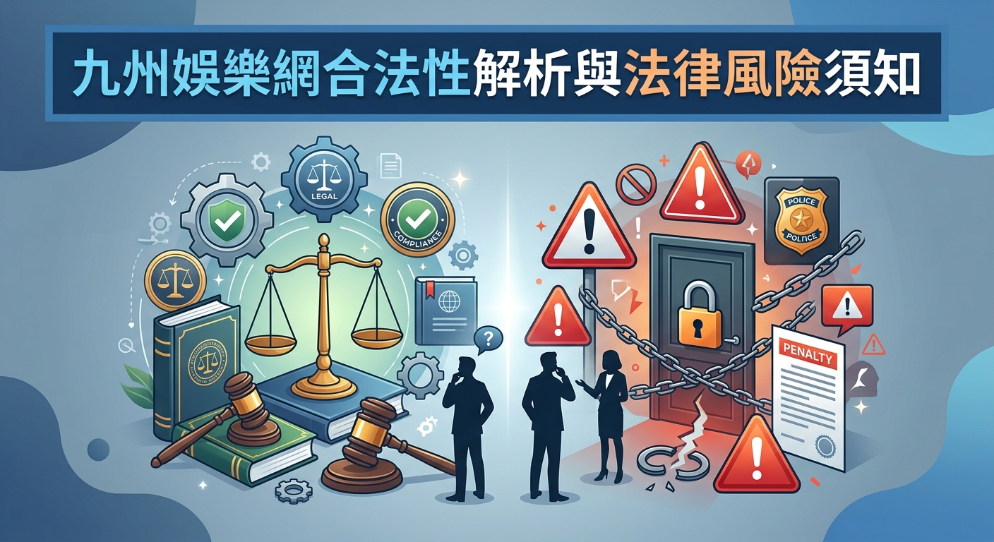 這張插圖以左右對比的方式展現,左側涵蓋天平、法典與合規標章等法律分析元素,右側則包含警告標誌、鎖鏈與裁罰文件等風險象徵。 畫面頂部醒目地標示主題標題「九州娛樂網合法性解析與法律風險須知」,整體呈現專業且嚴肅的資訊圖表風格。